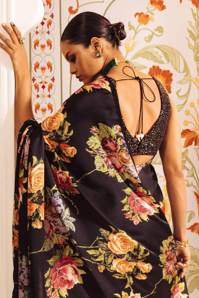 Black Floral Printed Satin Saree