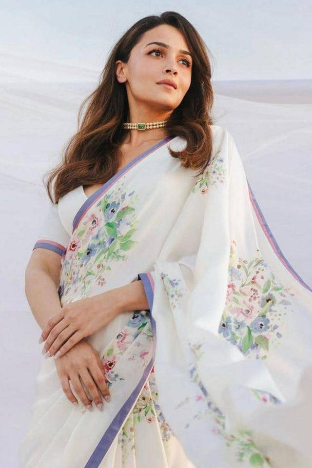 White Floral Printed Satin Saree