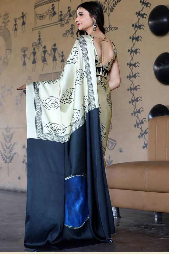 White Printed Satin Saree