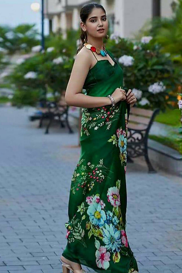 Green Floral Printed Satin Saree