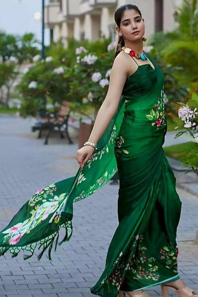 Green Floral Printed Satin Saree
