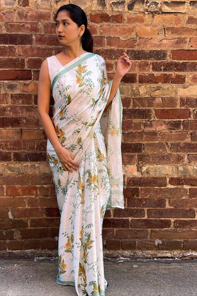 White Floral Printed Satin Saree
