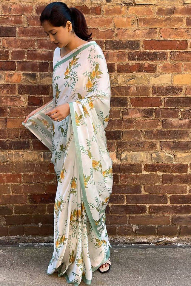 White Floral Printed Satin Saree