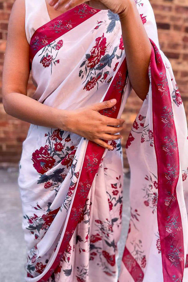 White Floral Printed Satin Saree