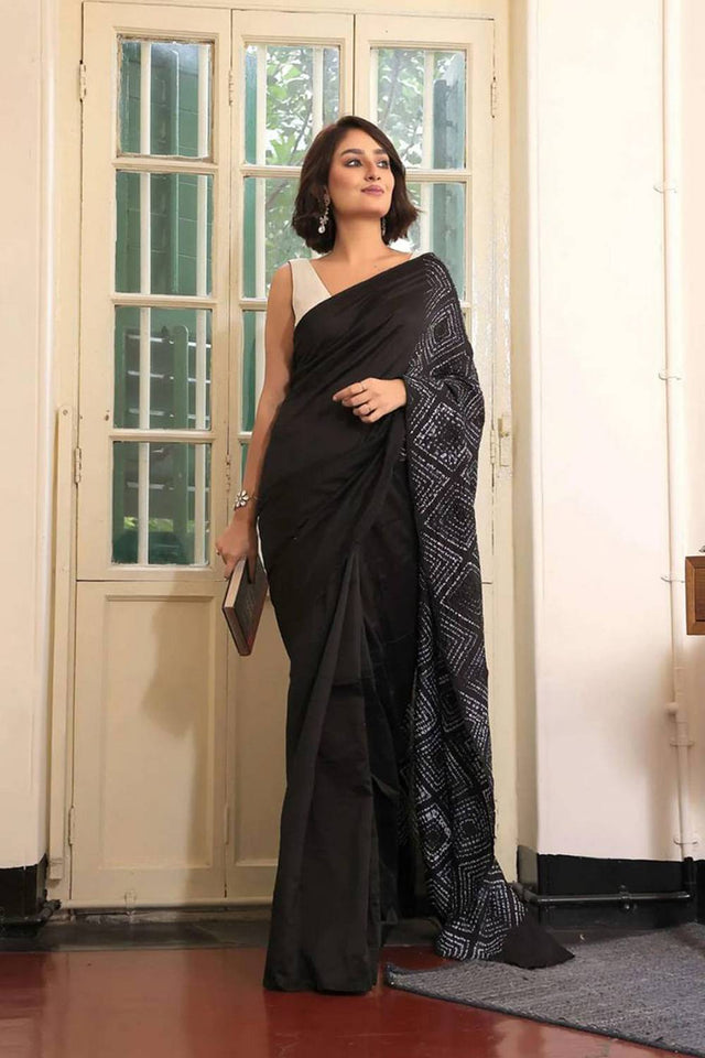 Black Printed Satin Saree