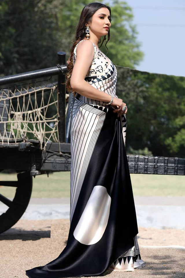 White Printed Satin Saree