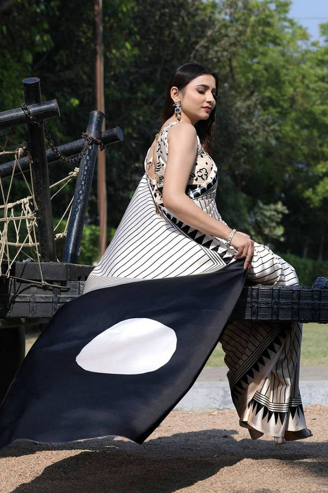 White Printed Satin Saree