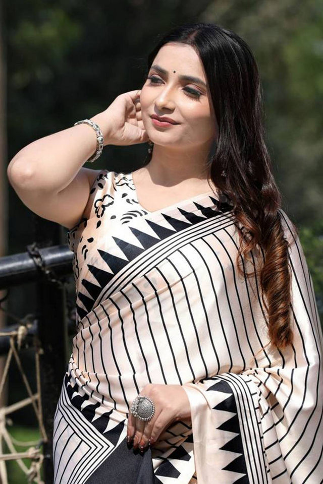 White Printed Satin Saree