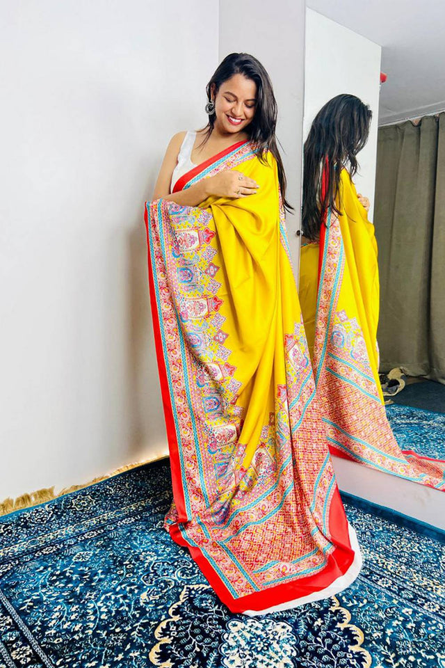 Yellow Printed Satin Saree