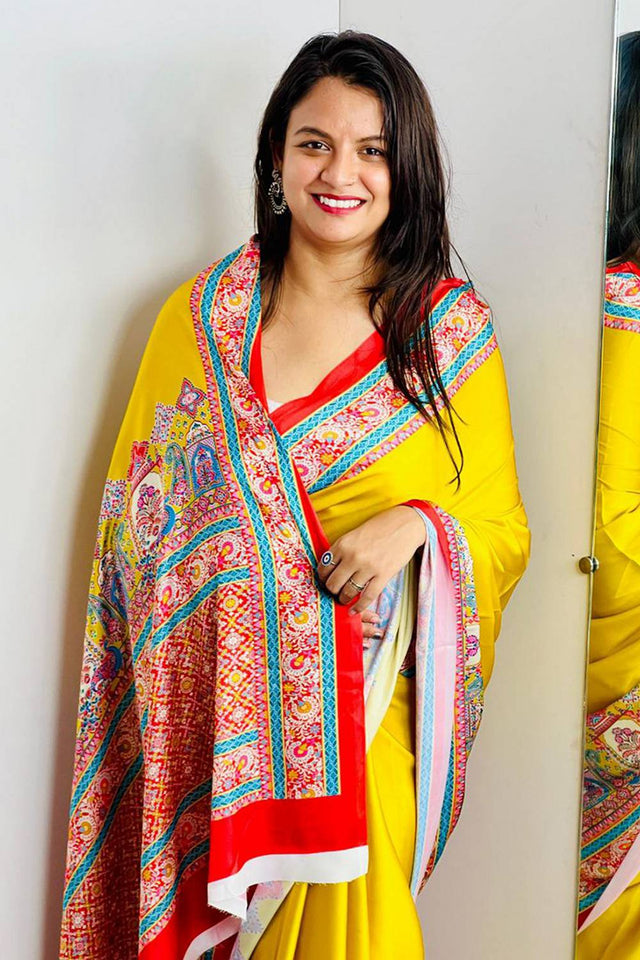 Yellow Printed Satin Saree