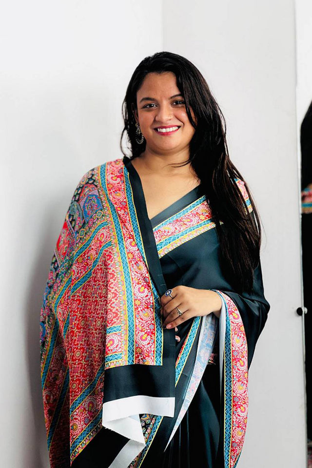 Black Printed Satin Saree