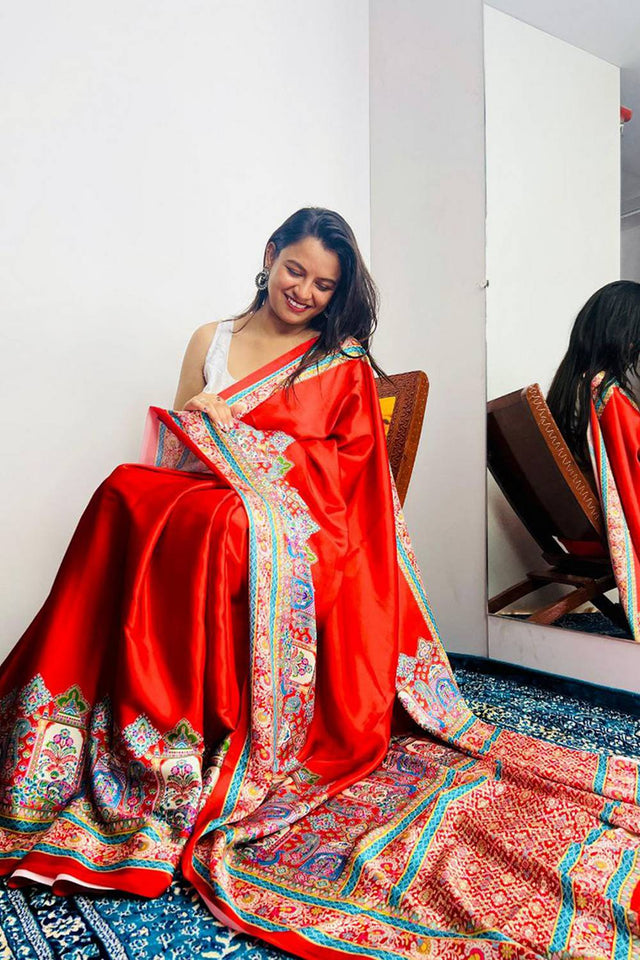 Red Printed Satin Saree
