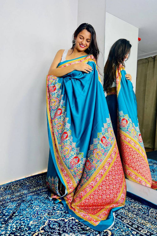 Light Blue Printed Satin Saree