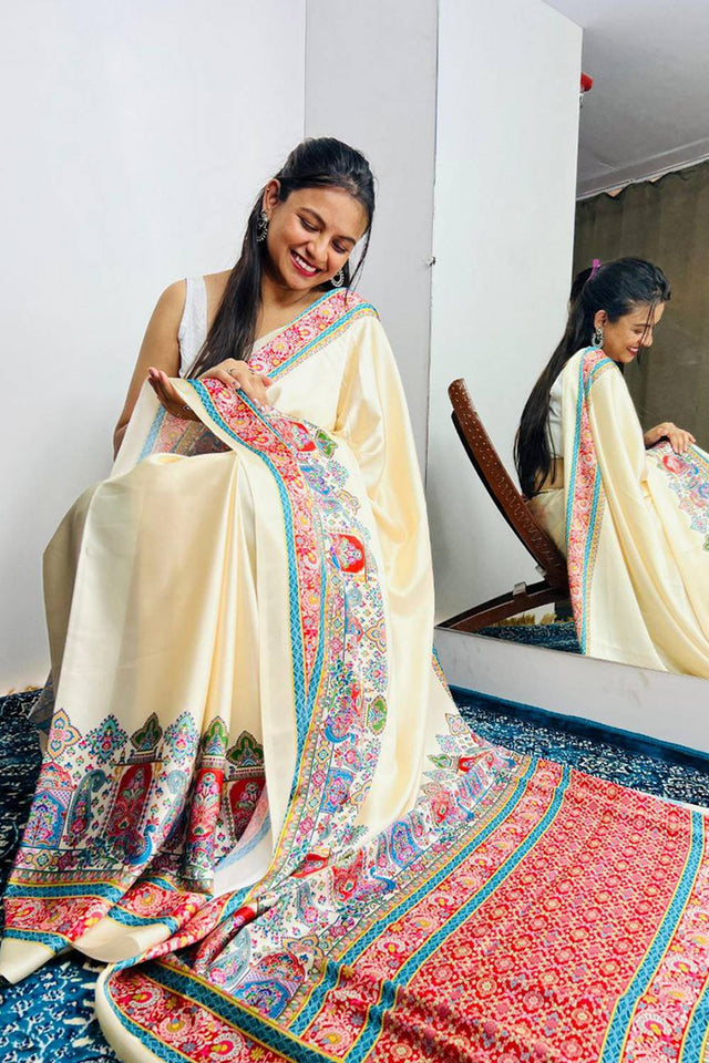 Off White Printed Satin Saree