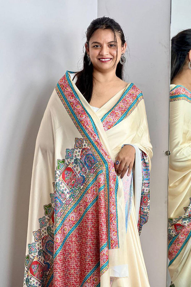 Off White Printed Satin Saree