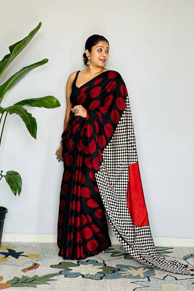 Black Printed Satin Saree