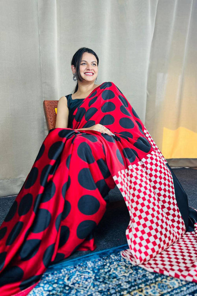 Red Printed Satin Saree