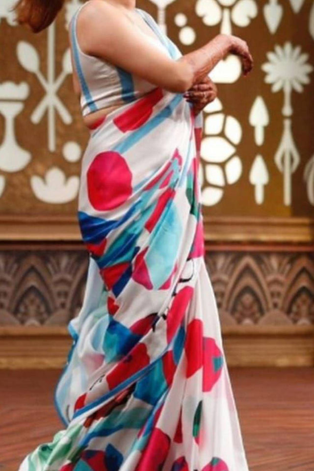 White Printed Satin Saree