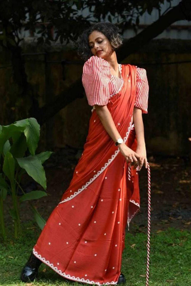 Red Printed Satin Saree