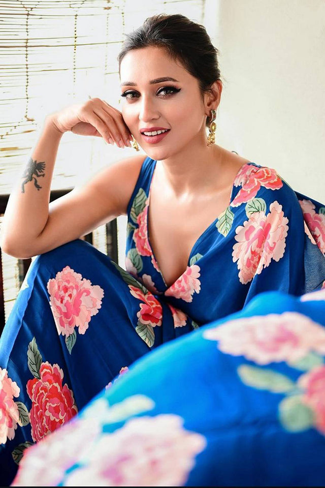 Blue Floral Printed Satin Saree