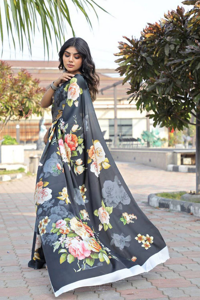 Black Floral Printed Satin Saree