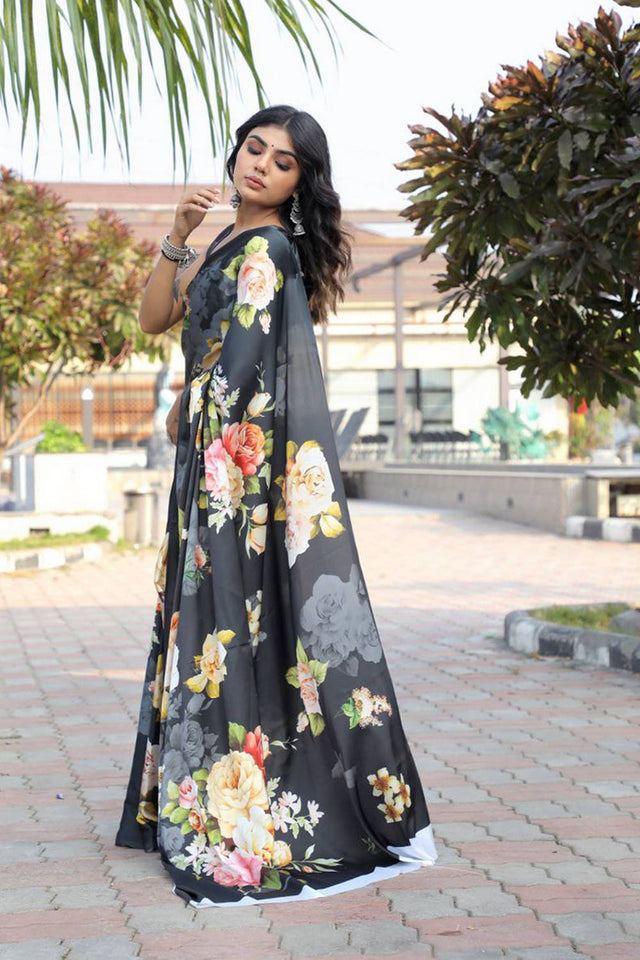 Black Floral Printed Satin Saree