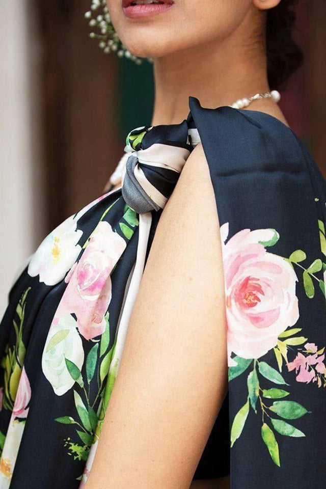 Black Floral Printed Satin Saree