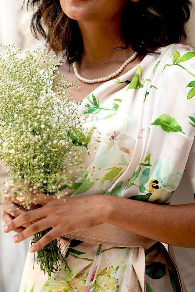 White Floral Printed Satin Saree