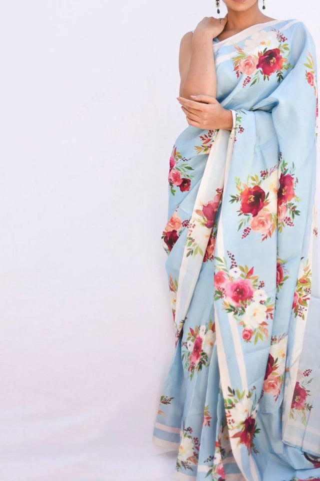 Blue Floral Printed Satin Saree