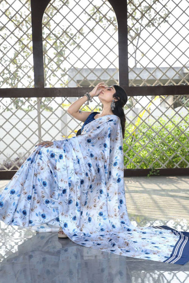 White Floral Printed Satin Saree