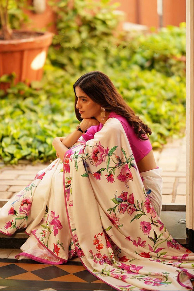 Off White Floral Printed Satin Saree