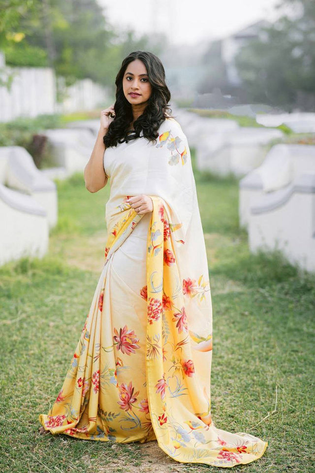 Off White Floral Printed Satin Saree