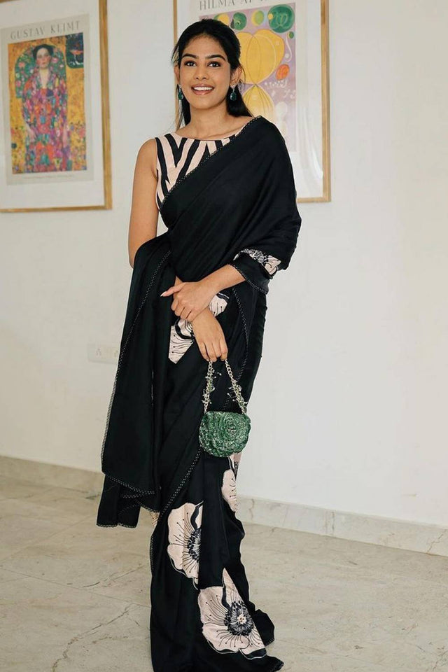 Black Floral Printed Satin Saree