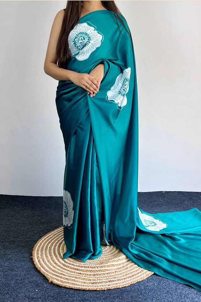 Turquoise Floral Printed Satin Saree