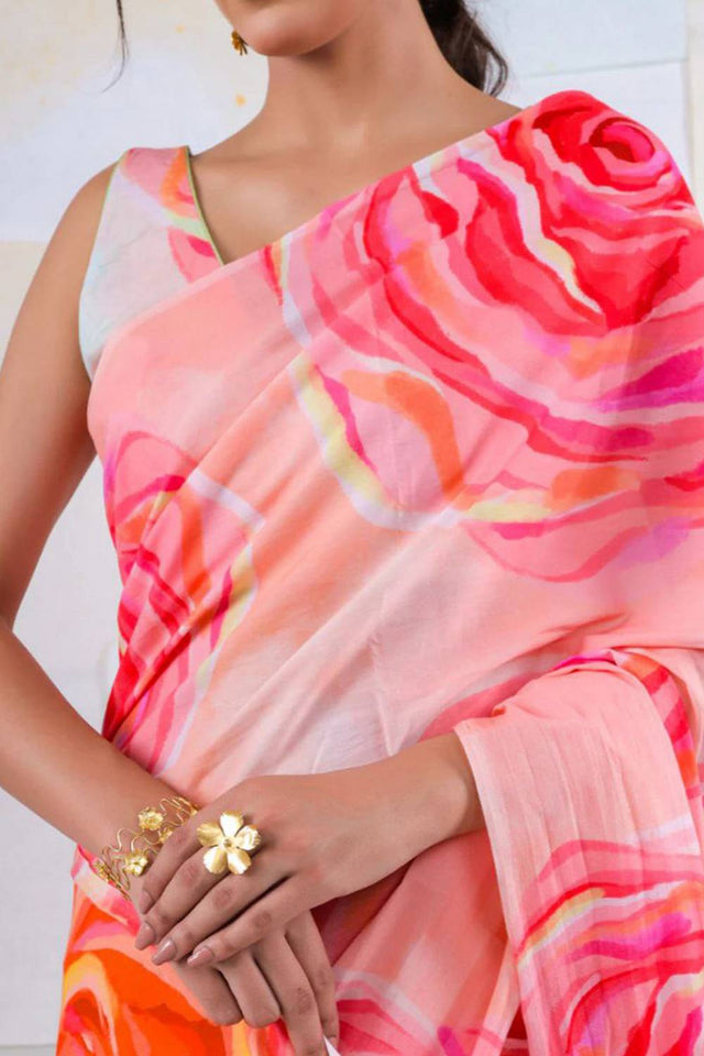 Multi Color Floral Printed Satin Saree