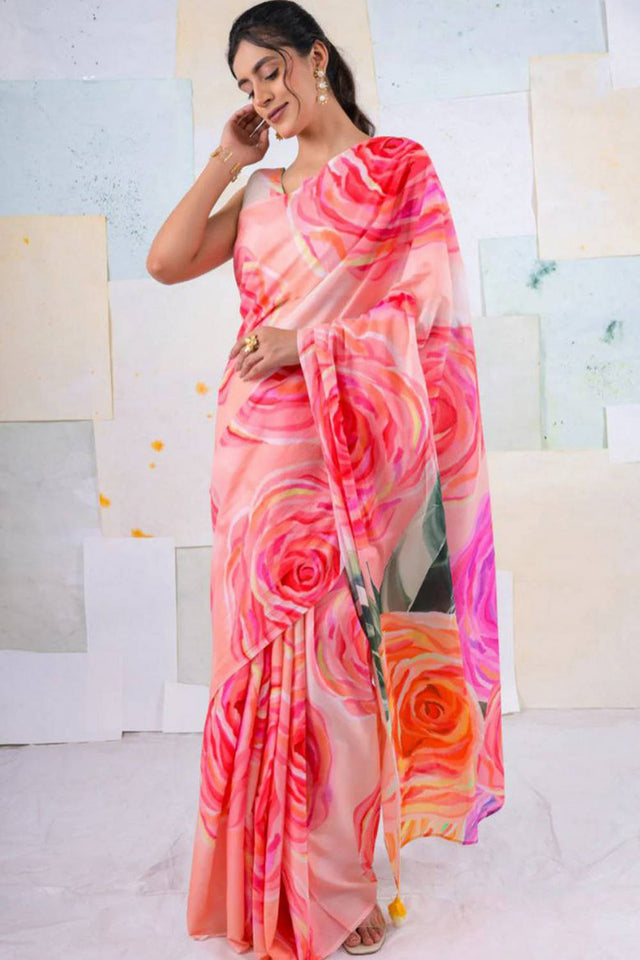 Multi Color Floral Printed Satin Saree