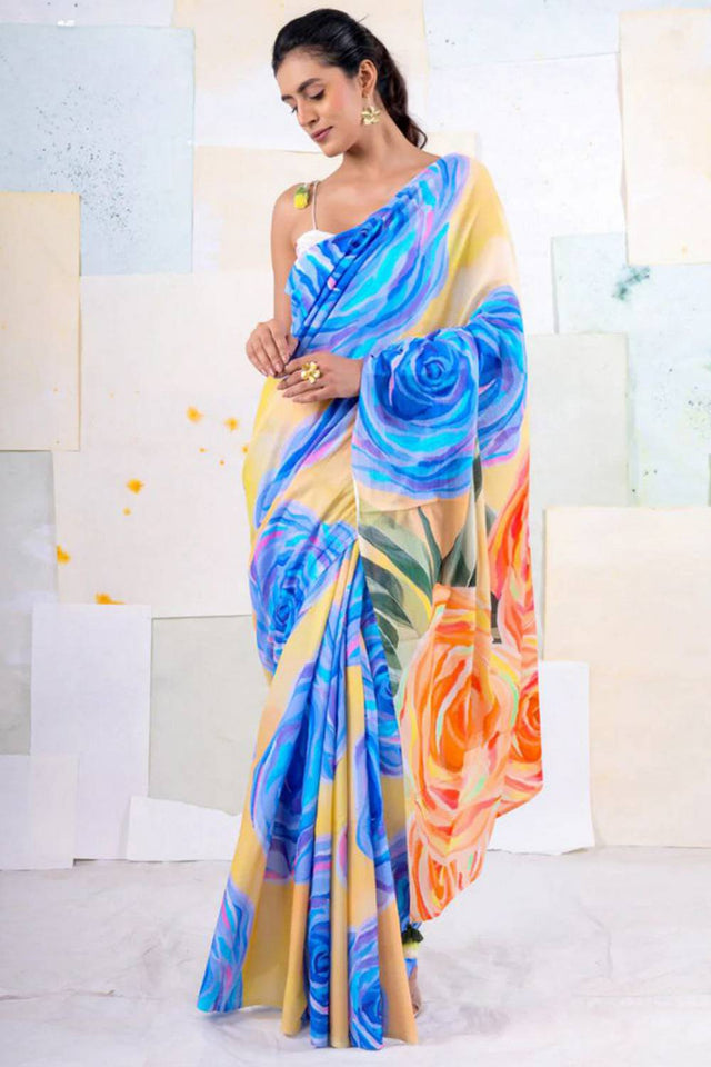 Multi Color Floral Printed Satin Saree