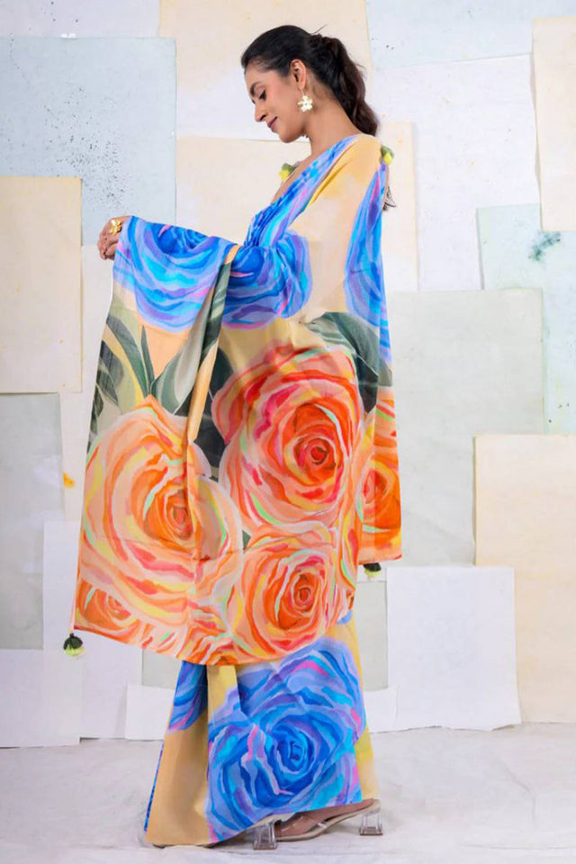 Multi Color Floral Printed Satin Saree