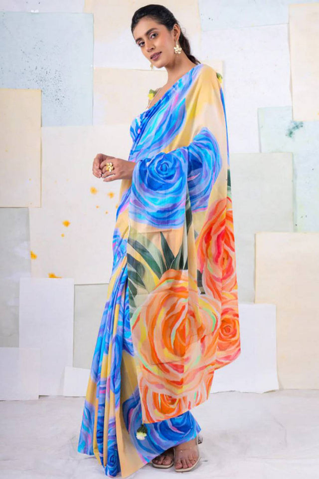 Multi Color Floral Printed Satin Saree