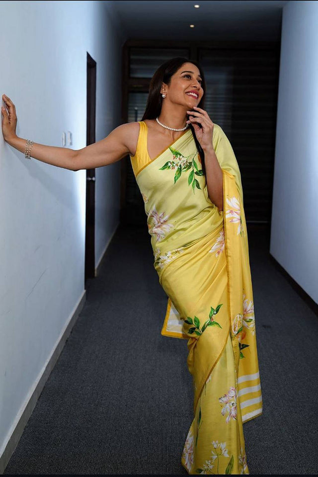 Yellow Floral Printed Satin Saree