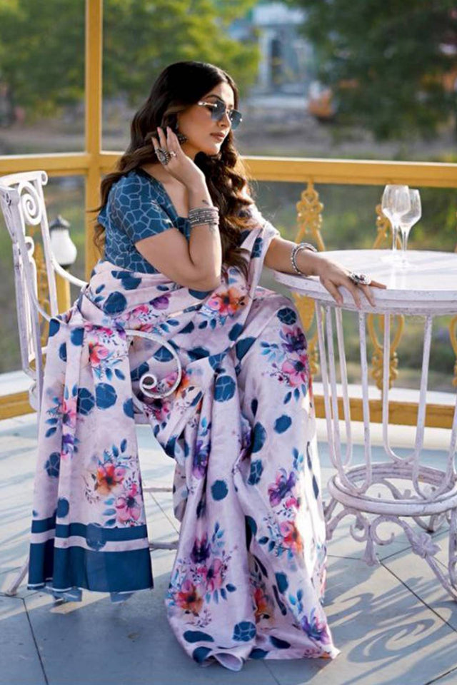White Floral Printed Satin Saree