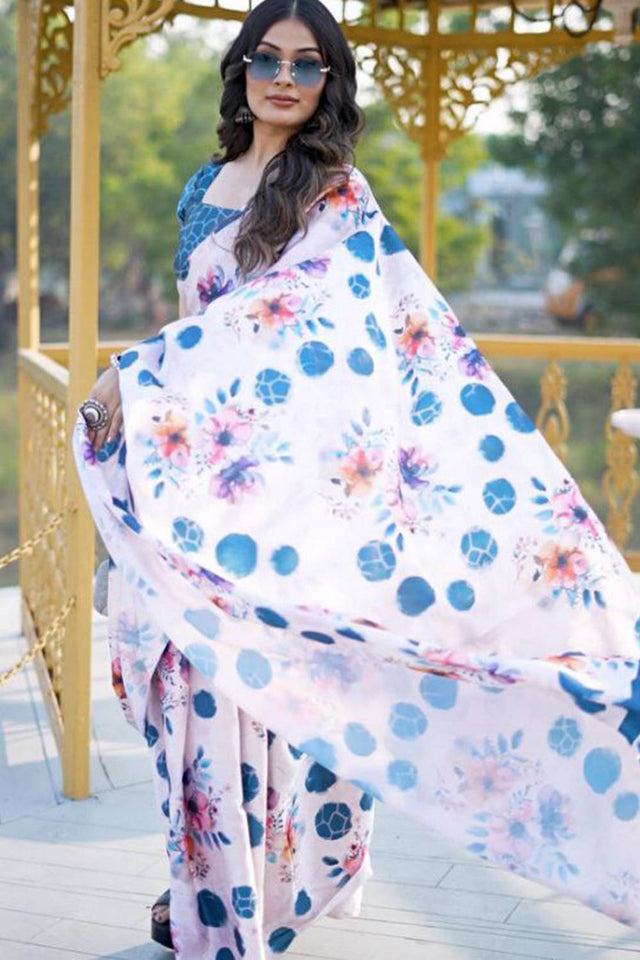 White Floral Printed Satin Saree