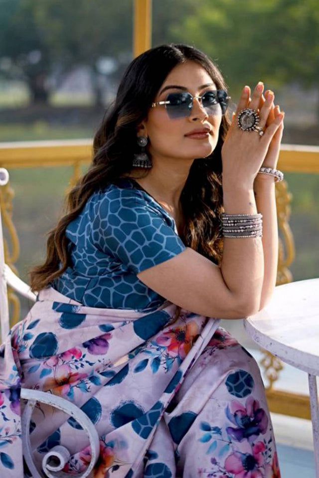 White Floral Printed Satin Saree