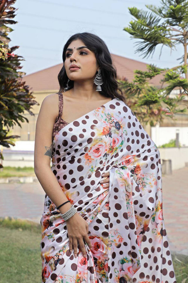 White Floral Printed Satin Saree