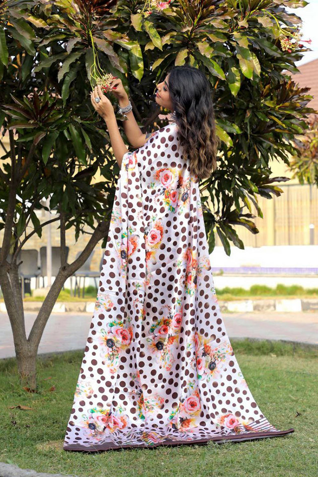 White Floral Printed Satin Saree