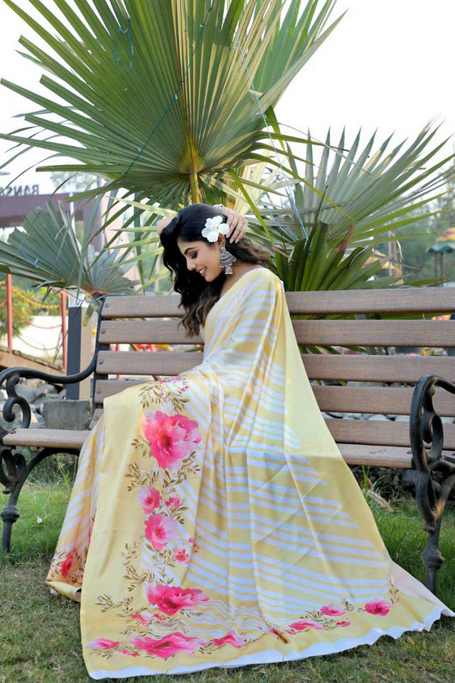 Multi Color Floral Printed Satin Saree