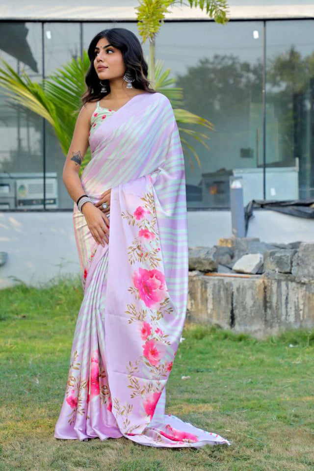 Multi Color Floral Printed Satin Saree