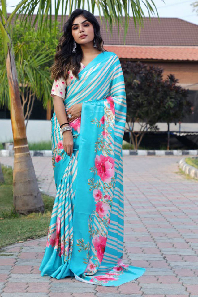 Multi Color Floral Printed Satin Saree