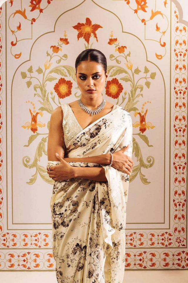 Blue Floral Printed Satin Saree