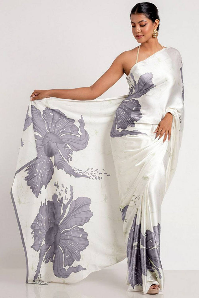 Grey Floral Printed Satin Saree